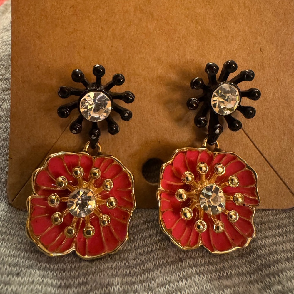 Elegant Salmon, Black, and Gold Floral Earrings